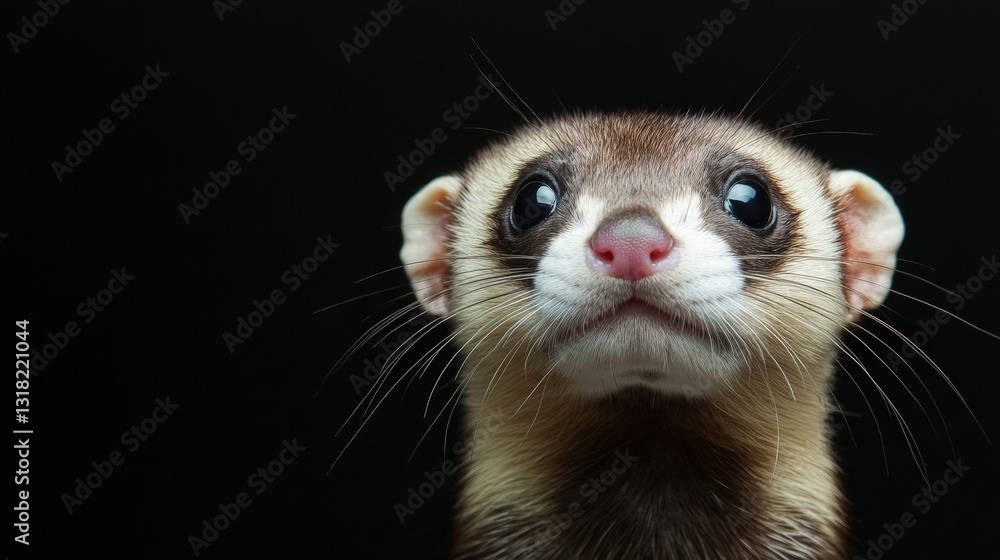 Close-up of a curious ferret exploring its surroundings indoors at sunset. Adopt a Ferret Month. National Ferret Day Close-up of a curious ferret exploring its surroundings indoors at sunset. Adopt a Ferret Month. National Ferret Day