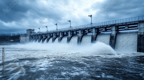 Obraz na płótnie Dramatic Water Flow at a Hydro Power Dam under Cloudy Sky