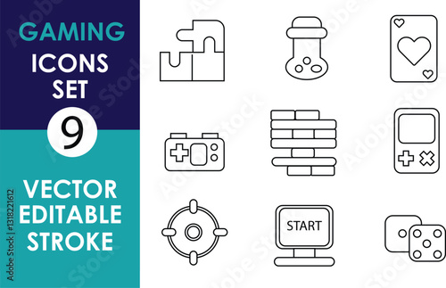A minimalist vector icon set with nine black outline gaming-themed icons, including a puzzle piece, joystick, playing card, game controller, Jenga, target, start screen, and handheld consoles