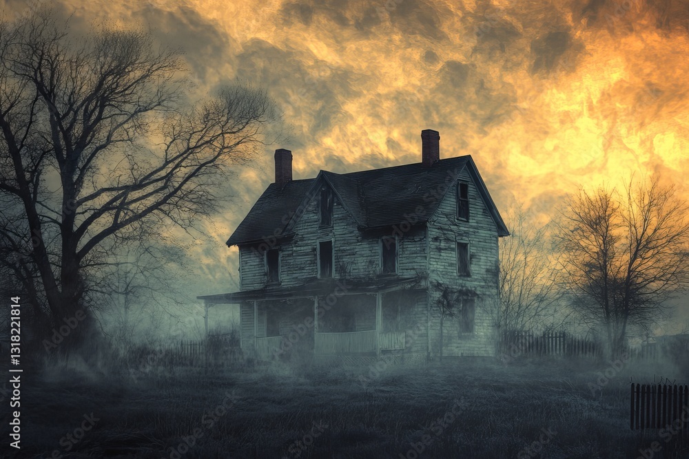 A haunting image of an abandoned house enveloped in mist and dramatic skies. The eerie atmosphere captures themes of isolation, decay, and mystery in a rural setting. A haunting image of an abandoned house enveloped in mist and dramatic skies. The eerie atmosphere captures themes of isolation, decay, and mystery in a rural setting.