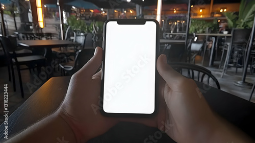 Blank Smartphone Screen in a Restaurant at Night, Person Holds Device, Showing Display, Illuminating the Table