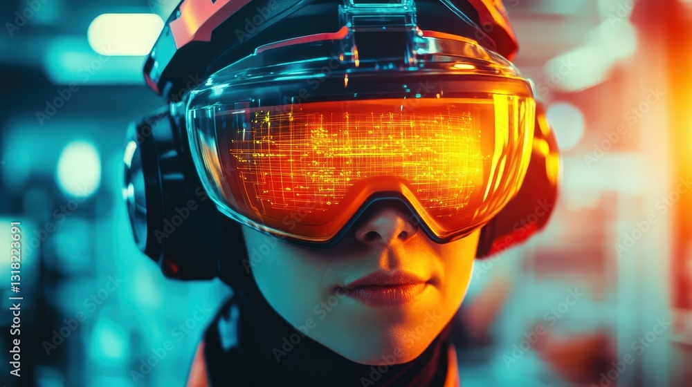 Futuristic woman wearing augmented reality goggles with glowing display Futuristic woman wearing augmented reality goggles with glowing display