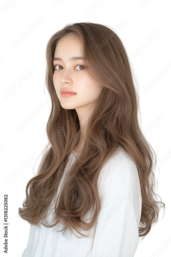 Naklejka premium Elegant Woman with Long Wavy Light Brown Hair Looking to the Side