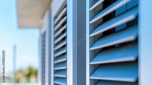 A close-up of aluminum louver panels, designed for moisture resistance in bathrooms.