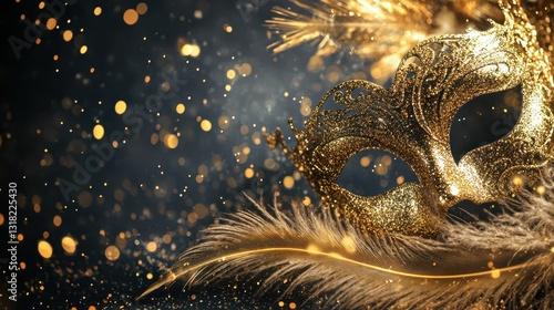 Elegant masquerade ball backdrop with golden sunbeams filtering through a vintage ballroom