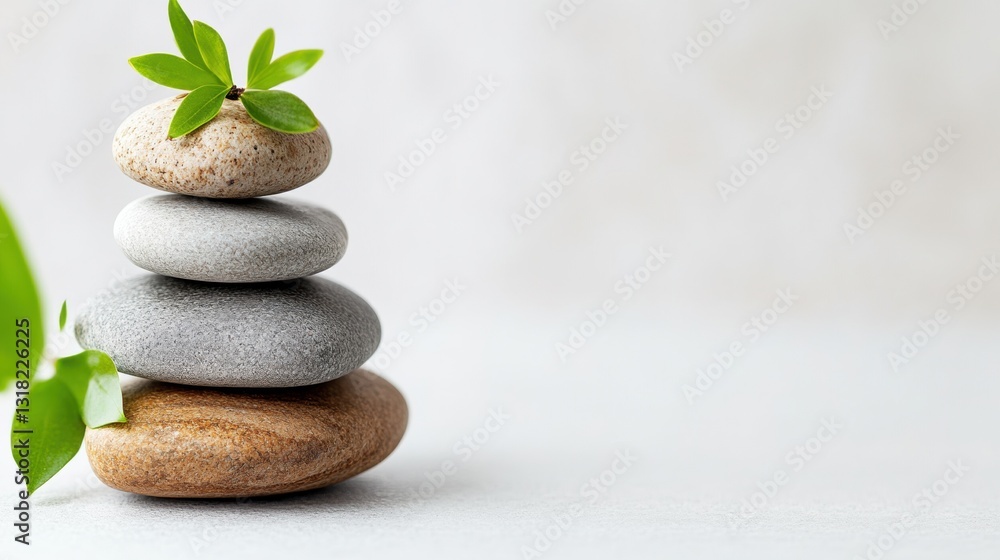 Balanced stones with green leaves for relaxation. Balanced stones with green leaves for relaxation.