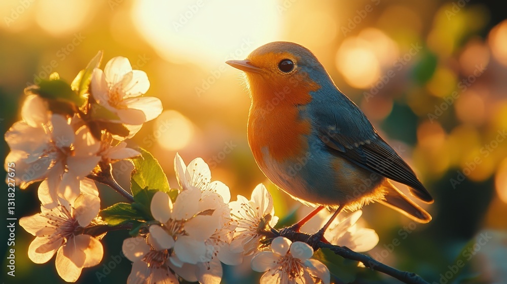 Vibrant robin perched on blooming flowers during a golden sunset, showcasing nature's beauty Vibrant robin perched on blooming flowers during a golden sunset, showcasing nature's beauty