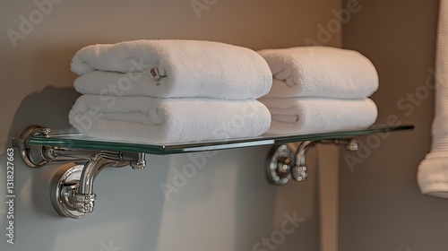 A glass shelf towel rack mounted on the wall, holding neatly folded towels.
