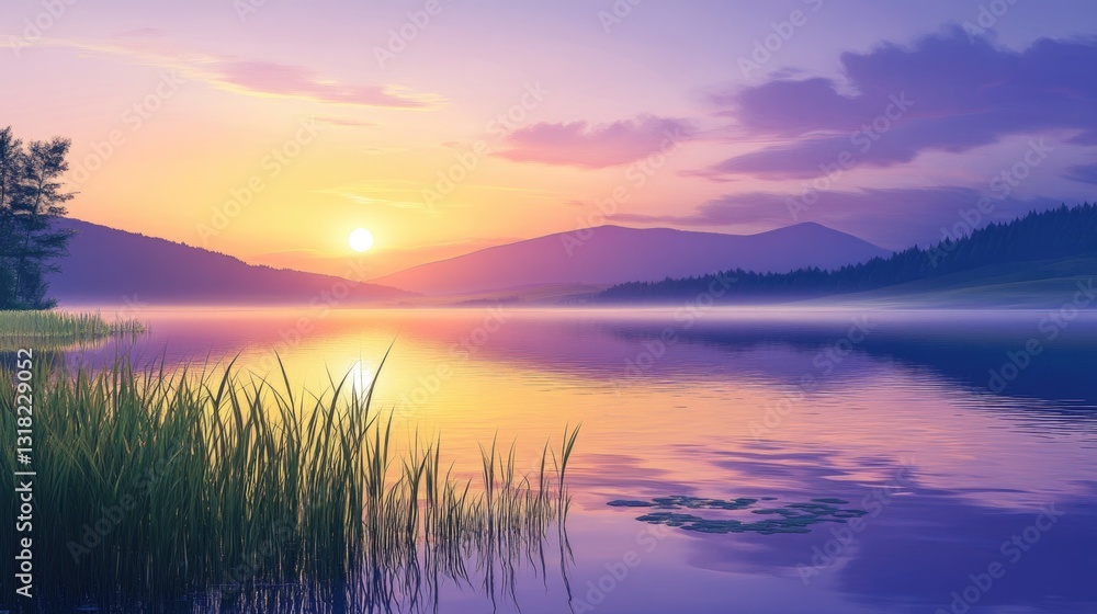 A beautiful sunrise is reflected upon a calm lake and landscape A beautiful sunrise is reflected upon a calm lake and landscape