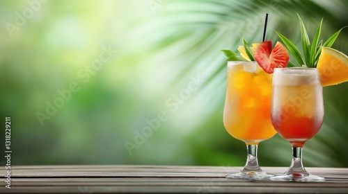Refreshing summer cocktails garnished with tropical fruits on a wooden table against a blurred background