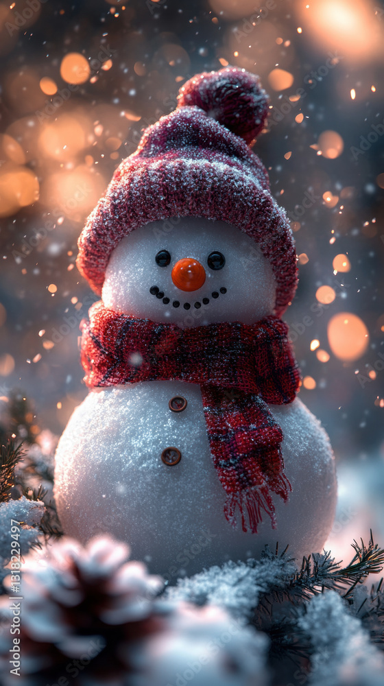 Obraz premium Cute snowman with red hat and scarf in a snowy setting
