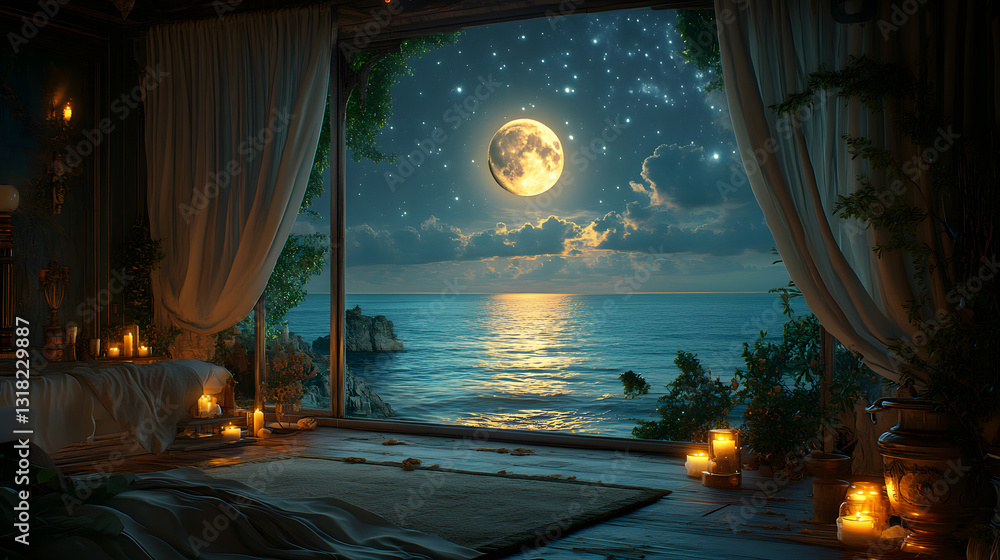 Obraz premium room and moon view on beach landscape - vacation concept background