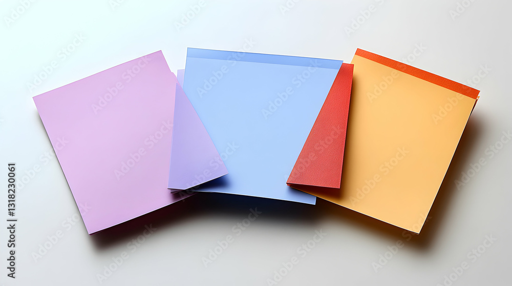 Colorful Paper Sheets Arranged Artistically on White Background. Pastel hues form a vibrant design. Colorful Paper Sheets Arranged Artistically on White Background. Pastel hues form a vibrant design.