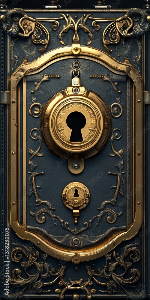 A gold and blue door with a keyhole and a gold clock. The door is ornate and has a vintage feel to it A gold and blue door with a keyhole and a gold clock. The door is ornate and has a vintage feel to it