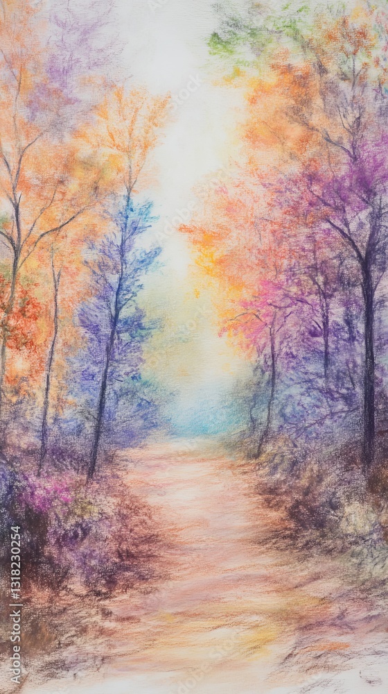 Discover a serene pastel drawing of a forest pathway, adorned with vibrant autumn colors. This tranquil artwork captures nature's beauty and harmony. Discover a serene pastel drawing of a forest pathway, adorned with vibrant autumn colors. This tranquil artwork captures nature's beauty and harmony.