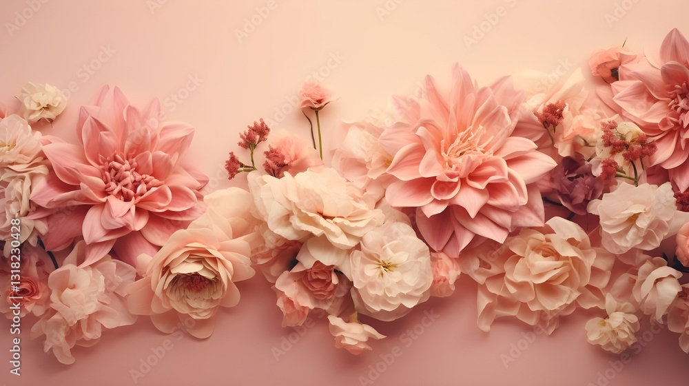 A high-definition photograph of beautiful fresh flowers elegantly arranged on a soft pink paper background, showcasing delicate petals, natural textures A high-definition photograph of beautiful fresh flowers elegantly arranged on a soft pink paper background, showcasing delicate petals, natural textures