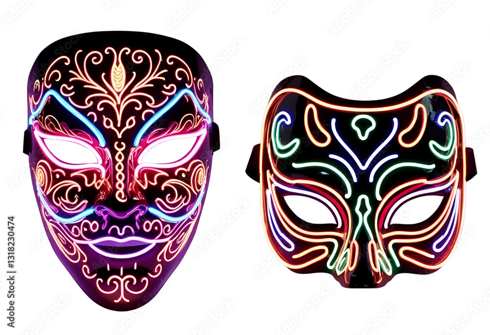 Naklejka premium Luminous Carnival Masks Glow Brightly, Intricate Designs Illuminate the Night, a Festive and Mysterious Display Generative AI 