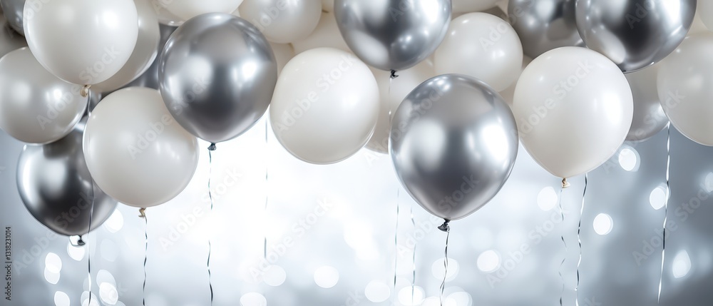 Elegant silver and white sparkling backdrop with a chic, modern luxury event setting Elegant silver and white sparkling backdrop with a chic, modern luxury event setting
