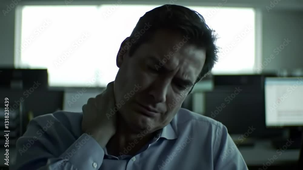 Stressed Caucasian Male Office Worker in Light Blue Shirt Exhibiting Tension and Discomfort While Rubbing His Neck in a Dimly Lit Workspace Stressed Caucasian Male Office Worker in Light Blue Shirt Exhibiting Tension and Discomfort While Rubbing His Neck in a Dimly Lit Workspace