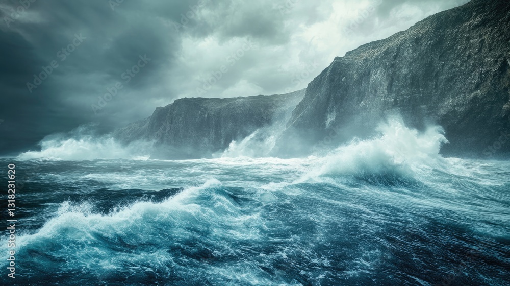 Fototapeta premium Turbulent ocean waves crash against rocky cliffs under stormy skies