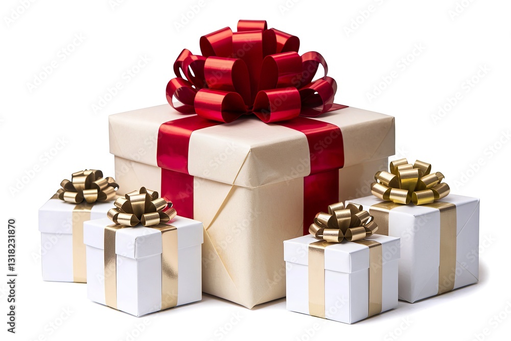 A photo of a gift box with a red bow on top, sitting on a white surface A photo of a gift box with a red bow on top, sitting on a white surface