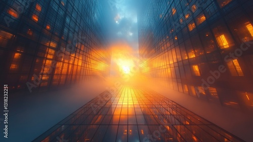 Morning fog rolling between steel and glass skyscrapers, with sunlight breaking through the mist