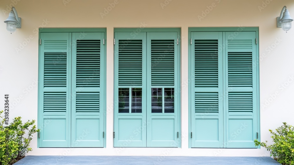 Fototapeta premium A modern louver door painted in a soft pastel color for aesthetic appeal.