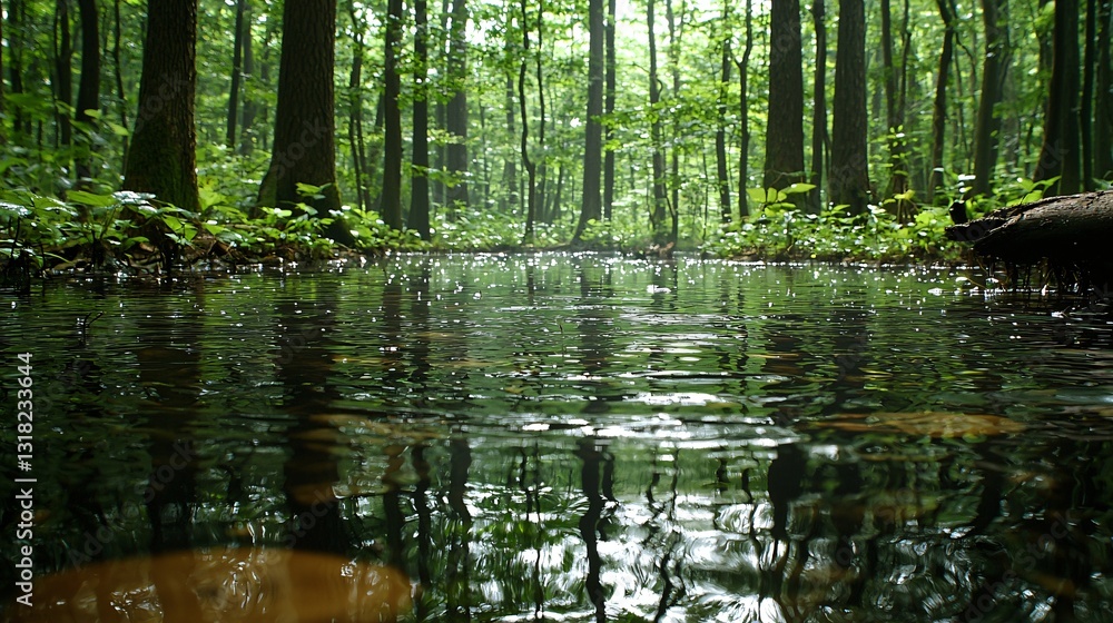 Forest Pond Reflection, Lush Trees, Calm Water Forest Pond Reflection, Lush Trees, Calm Water
