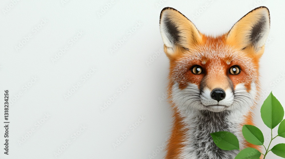 Obraz premium Fox Portrait, White Background, Green Leaves