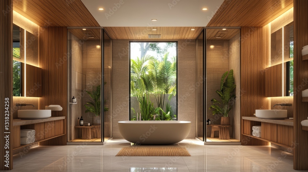 Fototapeta premium A relaxing bathroom with warm wooden accents and soft lighting.