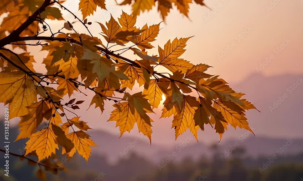 Golden Autumn Leaves Against a Mountain Vista at Sunset with Warm Light and Serene Sky in Rural Scene Golden Autumn Leaves Against a Mountain Vista at Sunset with Warm Light and Serene Sky in Rural Scene