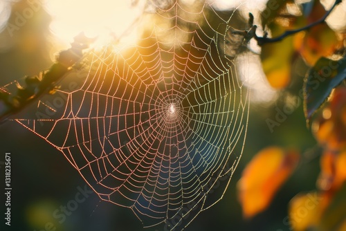 Wallpaper Mural A stunning close-up of a spider web adorned with dew drops, captured in soft morning light among vibrant autumn leaves, showcasing intricate patterns and natural beauty. Torontodigital.ca