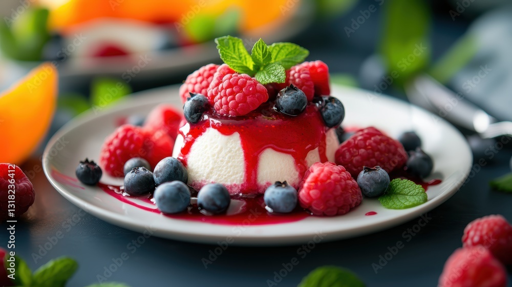 Creamy Panna Cotta with Fresh Berries on a Plate Creamy Panna Cotta with Fresh Berries on a Plate