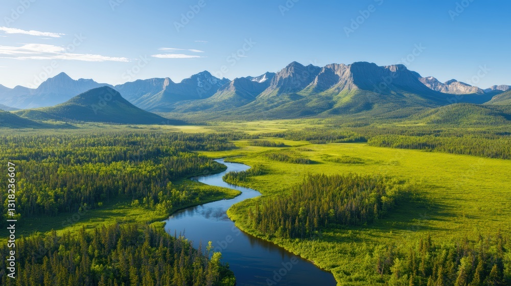 Naklejka premium Tranquil River Flowing Through Lush Green Landscape and Mountainscape