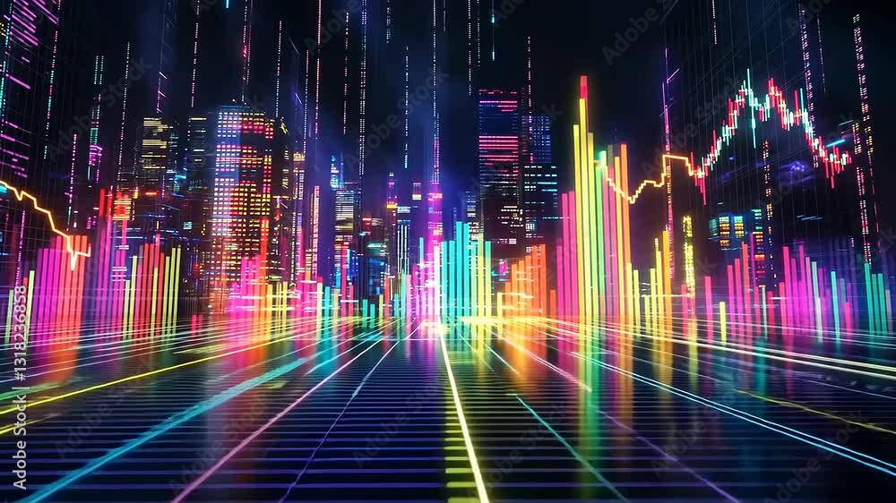 A vibrant, digital cityscape with colorful data visualizations and graphs. A vibrant, digital cityscape with colorful data visualizations and graphs.