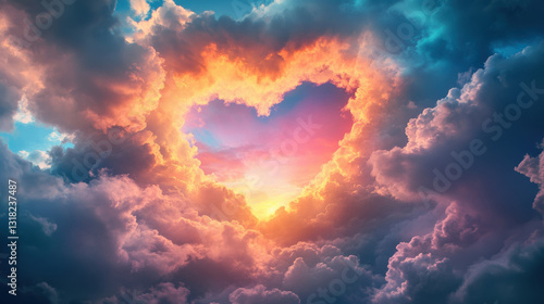 Fototapeta Naklejka Na Ścianę i Meble -  Heart-shaped clouds in a colorful sky