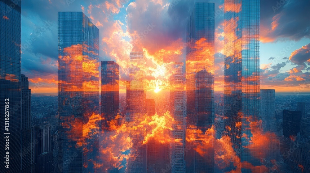 Multiple exposure shot showing movement of clouds past static skyscrapers Multiple exposure shot showing movement of clouds past static skyscrapers