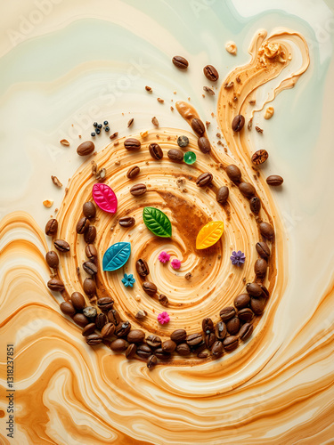 Exotic Coffee Bean Ripple Art with Colorful Floating Elements