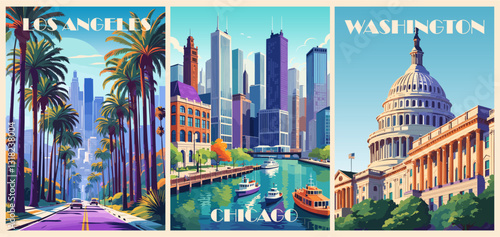 Set of USA Travel Destination Posters in retro style. Los Angeles, Washington, Chicago digital prints. Summer vacation, holidays concept. Vintage vector illustrations.