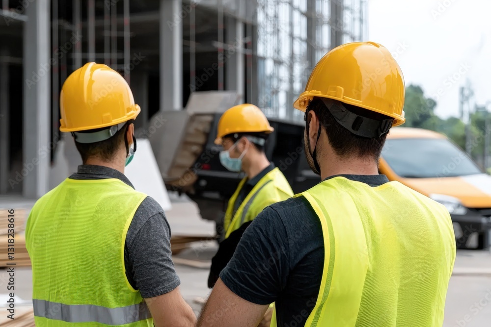 Safety Measures Being Followed at a Construction Site with Workers Wearing Reflective Vests and Helmets Under Strict Supervision . Safety Measures Being Followed at a Construction Site with Workers Wearing Reflective Vests and Helmets Under Strict Supervision .