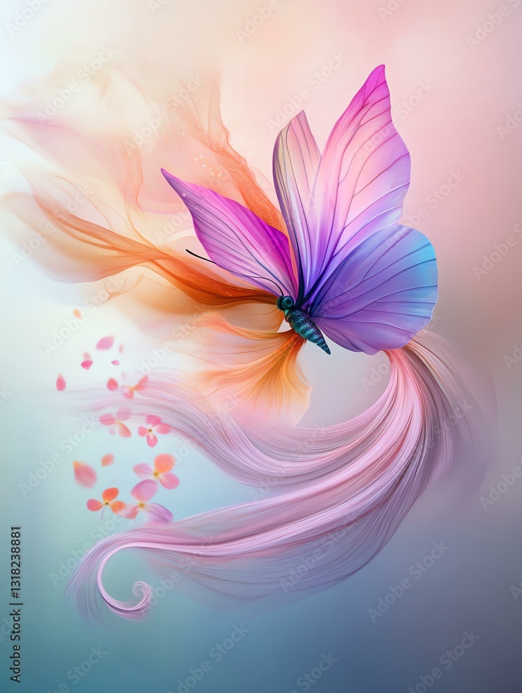 Fototapeta premium A beautifully designed butterfly gracefully floating in vibrant hues with flowing petals.