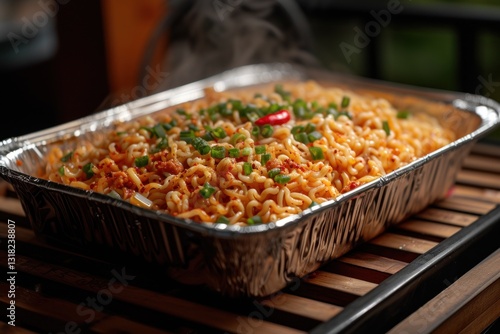 Wallpaper Mural Spicy Instant Noodles Garnished With Green Onions and Peppers in a Takeout Box Torontodigital.ca