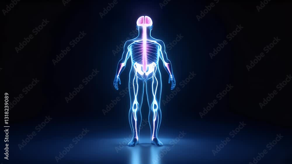 Glowing Human Body Anatomy with Spinal Column and Brain on Dark Background Glowing Human Body Anatomy with Spinal Column and Brain on Dark Background