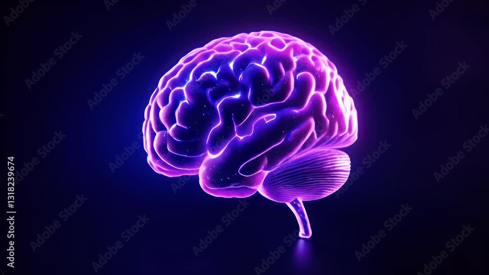 Glowing Purple And Blue Human Brain 3D Render Isolated On Dark Background Glowing Purple And Blue Human Brain 3D Render Isolated On Dark Background