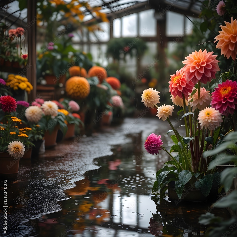 Fototapeta premium Vibrant flower Garden lined with colorful blooms on a rainy day