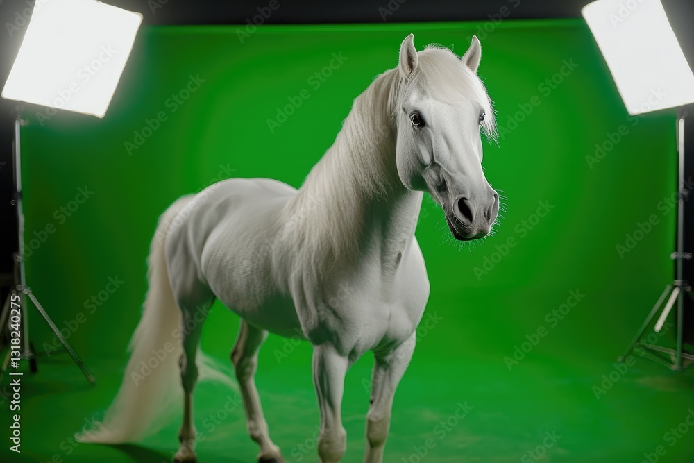 Obraz premium A beautiful white horse poses in front of a green background