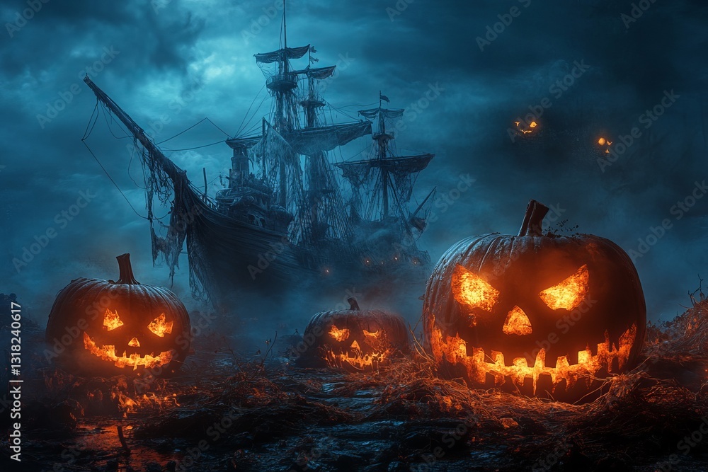 Fototapeta premium A chilling Halloween scene featuring glowing jack-o'-lanterns in the foreground and a ghostly pirate ship sailing through an eerie fog, creating a haunting atmosphere.