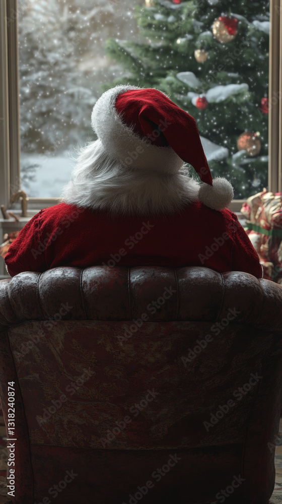 Obraz premium Santa Claus sitting in armchair looking out at snowy scene