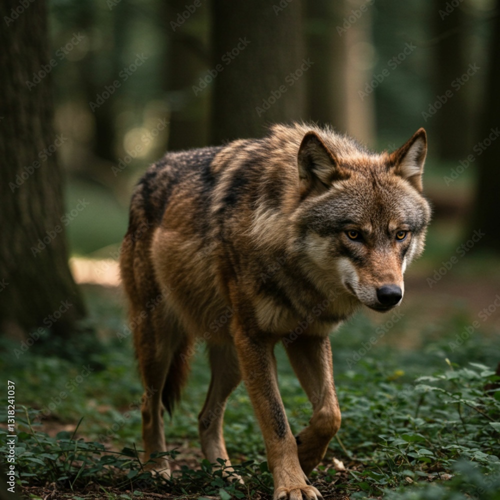Wild Wolf Gazing Intently While Walking in Nature Wild Wolf Gazing Intently While Walking in Nature