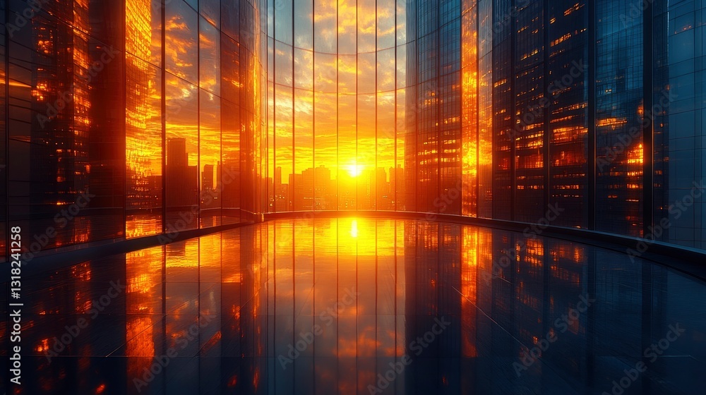 Sunset creating golden reflection in curved skyscraper facade Sunset creating golden reflection in curved skyscraper facade